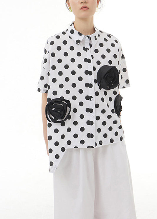 White Patchwork Floral Button Cotton Top Short Sleeve LY1193