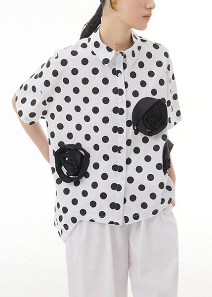 White Patchwork Floral Button Cotton Top Short Sleeve LY1193