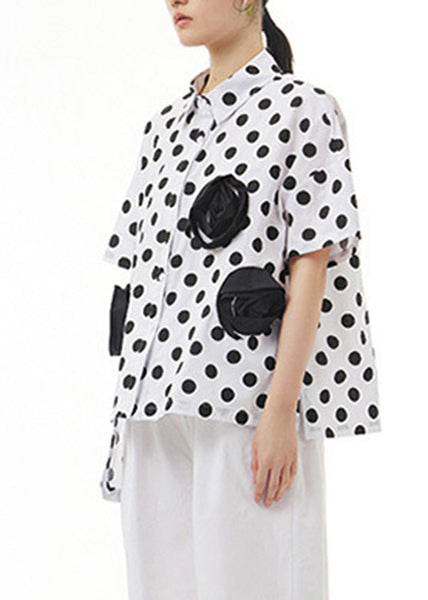 White Patchwork Floral Button Cotton Top Short Sleeve LY1193