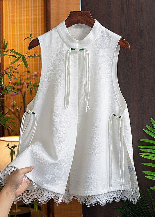 White Patchwork Silk Beach Vest Jacquard Stand Collar Sleeveless LY1716