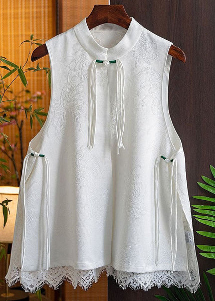 White Patchwork Silk Beach Vest Jacquard Stand Collar Sleeveless LY1716