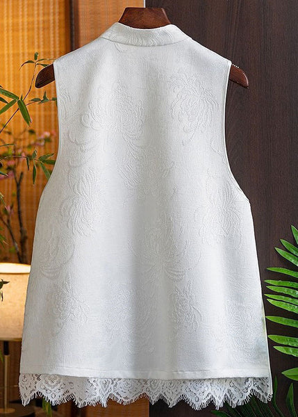 White Patchwork Silk Beach Vest Jacquard Stand Collar Sleeveless LY1716