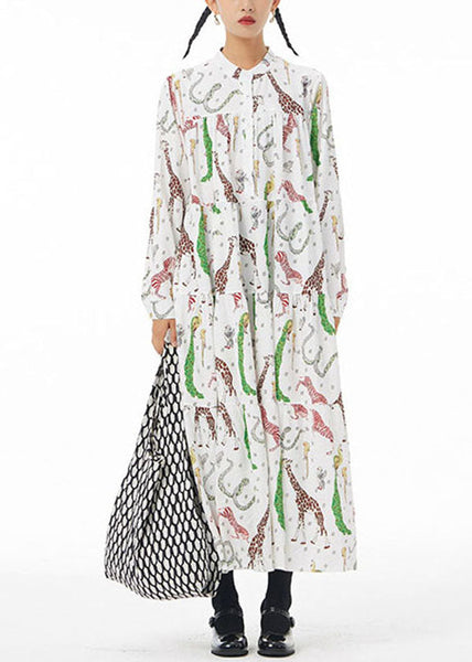 White Print Patchwork Cotton Shirts Dress Stand Collar Wrinkled Spring LY1165