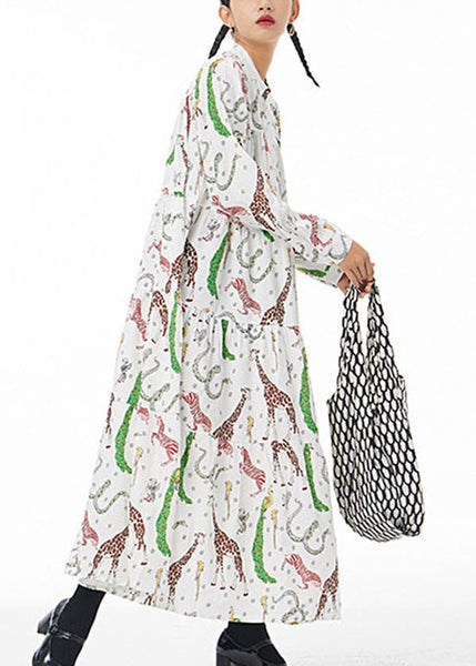 White Print Patchwork Cotton Shirts Dress Stand Collar Wrinkled Spring LY1165