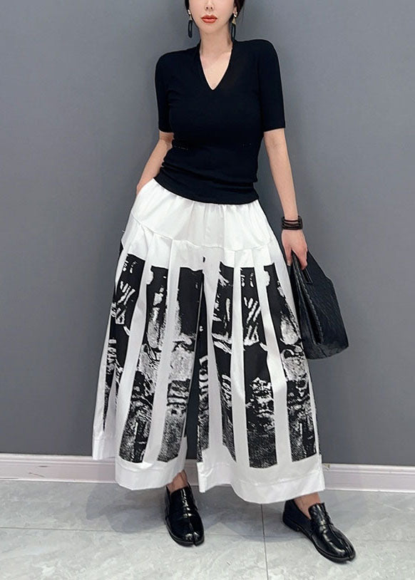 White Print Patchwork Cotton Wide Leg Pants Wrinkled Spring LY0571