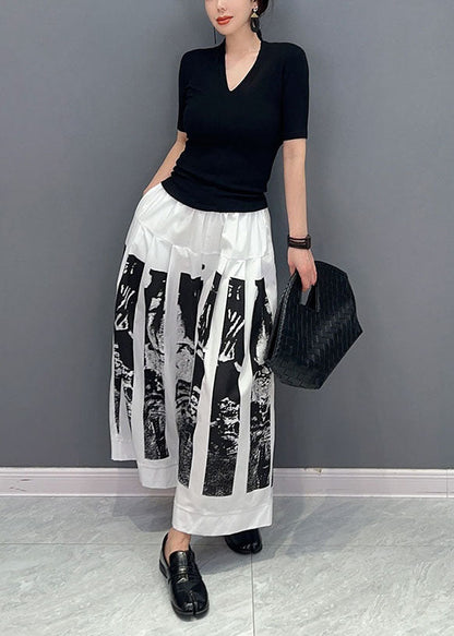 White Print Patchwork Cotton Wide Leg Pants Wrinkled Spring LY0571