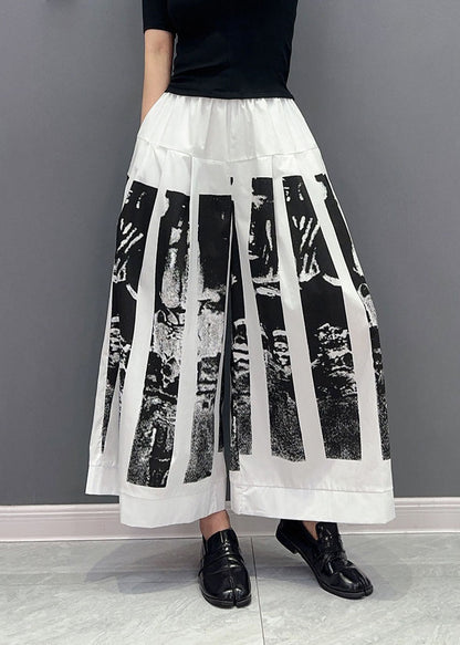 White Print Patchwork Cotton Wide Leg Pants Wrinkled Spring LY0571