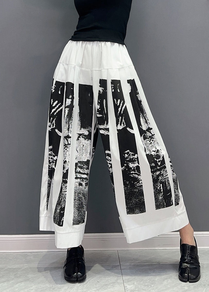 White Print Patchwork Cotton Wide Leg Pants Wrinkled Spring LY0571