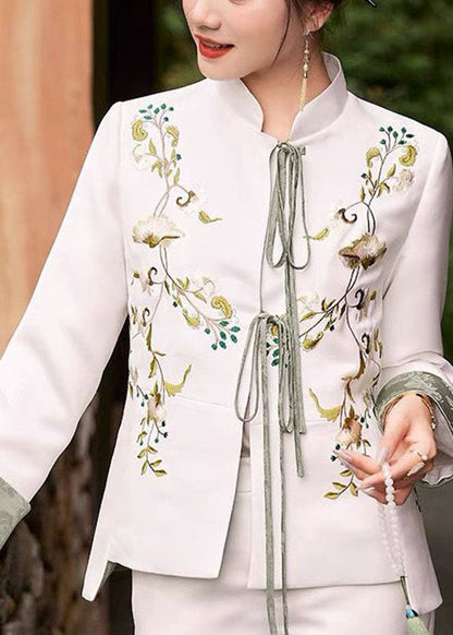 White Slim Fit Silk Jacket Embroideried Mandarin Collar Spring LY1423