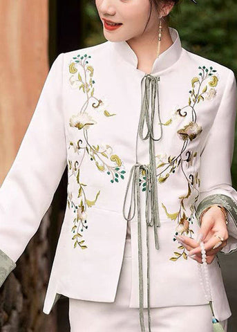 White Slim Fit Silk Jacket Embroideried Mandarin Collar Spring LY1423