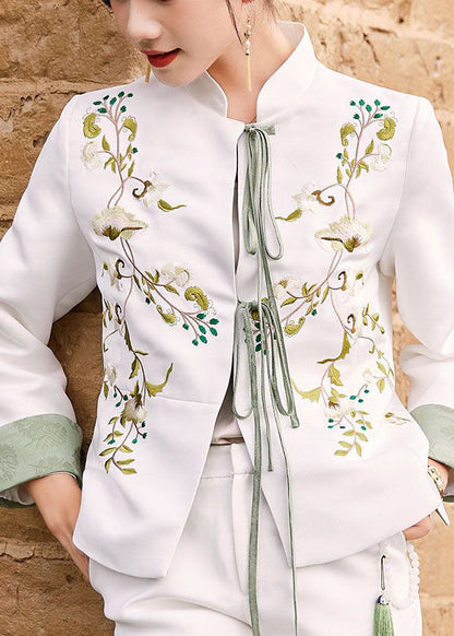 White Slim Fit Silk Jacket Embroideried Mandarin Collar Spring LY1423