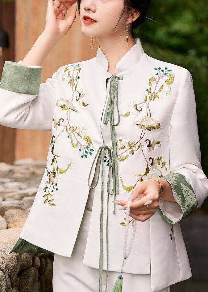 White Slim Fit Silk Jacket Embroideried Mandarin Collar Spring LY1423