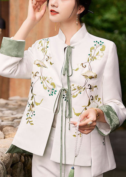 White Slim Fit Silk Jacket Embroideried Mandarin Collar Spring LY1423