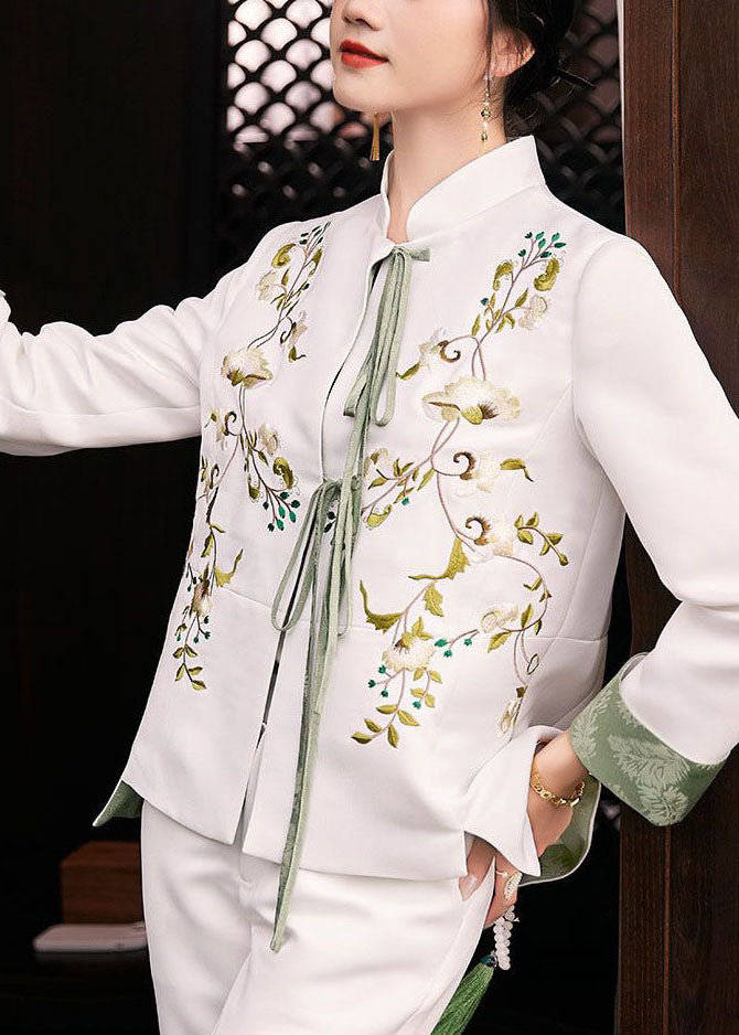 White Slim Fit Silk Jacket Embroideried Mandarin Collar Spring LY1423