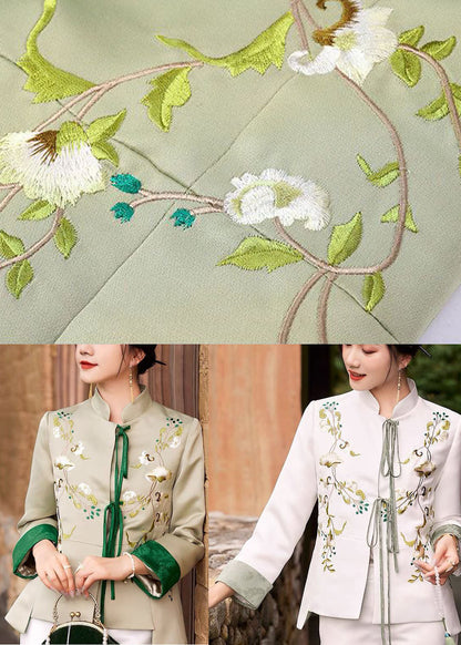 White Slim Fit Silk Jacket Embroideried Mandarin Collar Spring LY1423