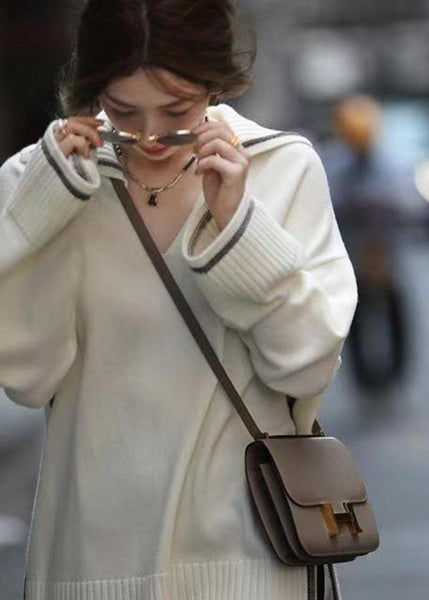 White Thick Knit Sweater Tops Sailor Collar Oversized Spring TG1031