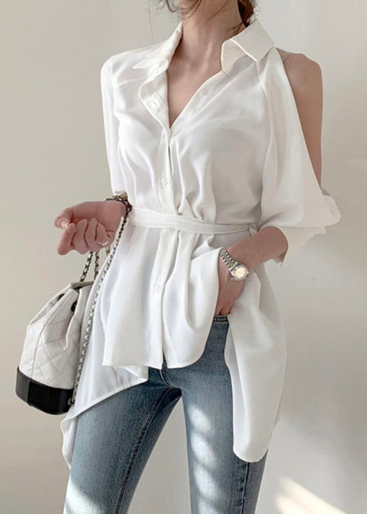 White Tie Waist Tunic Shirts Long Sleeve LY0359