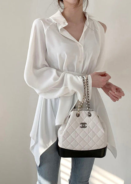 White Tie Waist Tunic Shirts Long Sleeve LY0359