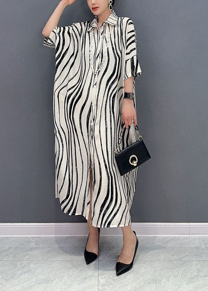 White Zebra Pattern Maxi Dress Oversized Turn-down Collar Summer LY1589