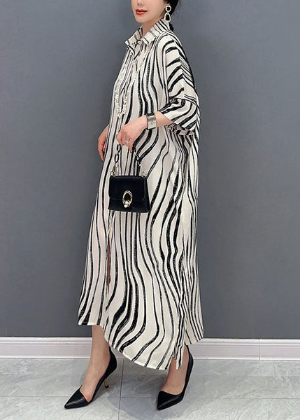 White Zebra Pattern Maxi Dress Oversized Turn-down Collar Summer LY1589
