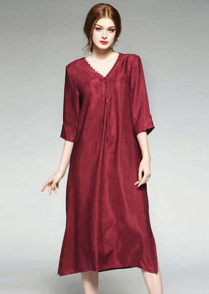 Wine Red Patchwork Silk Dress V Neck Side Open Bracelet Sleeve TF1003