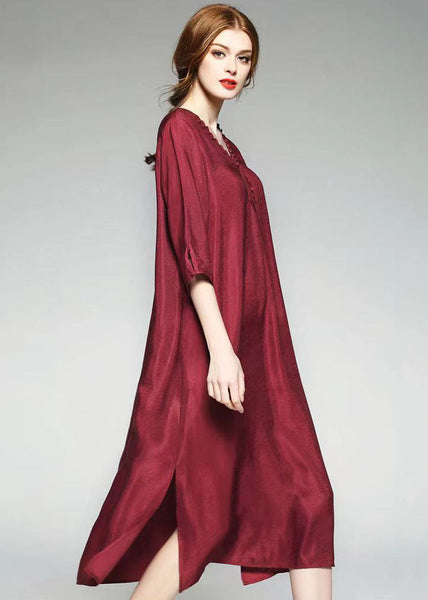 Wine Red Patchwork Silk Dress V Neck Side Open Bracelet Sleeve TF1003