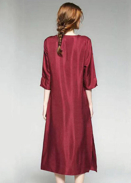 Wine Red Patchwork Silk Dress V Neck Side Open Bracelet Sleeve TF1003