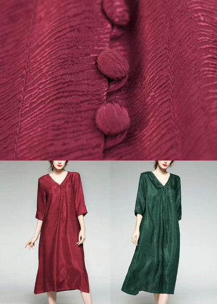 Wine Red Patchwork Silk Dress V Neck Side Open Bracelet Sleeve TF1003