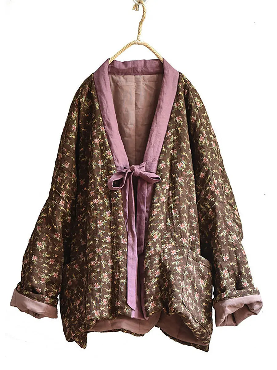 Women 100%Cotton Winter Ethnic Floral V-neck Coat Ada Fashion