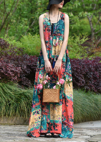 Women Abstract Print Short Sleeve Vintage Maxi Dress LC0053