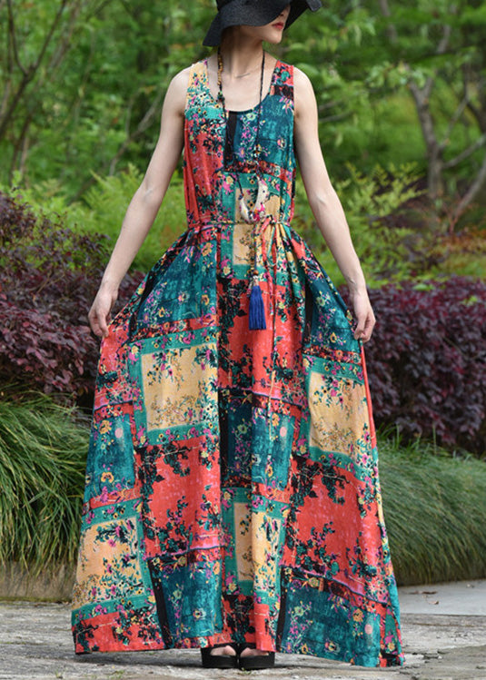 Women Abstract Print Short Sleeve Vintage Maxi Dress LC0053