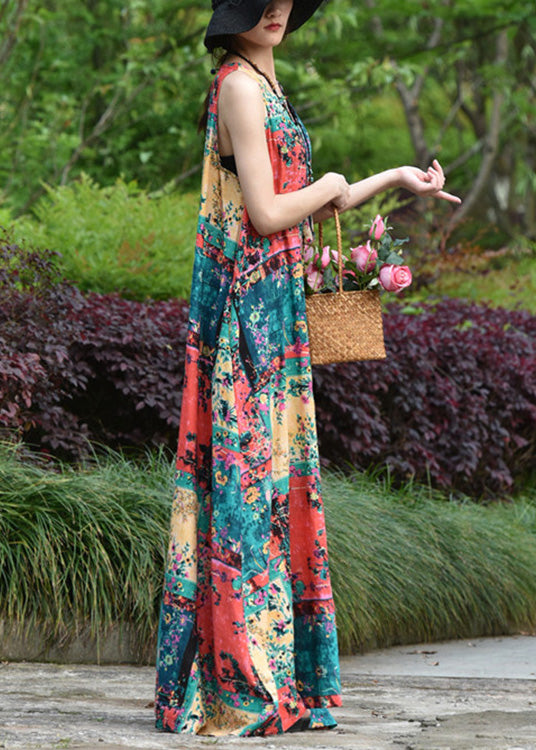 Women Abstract Print Short Sleeve Vintage Maxi Dress LC0053