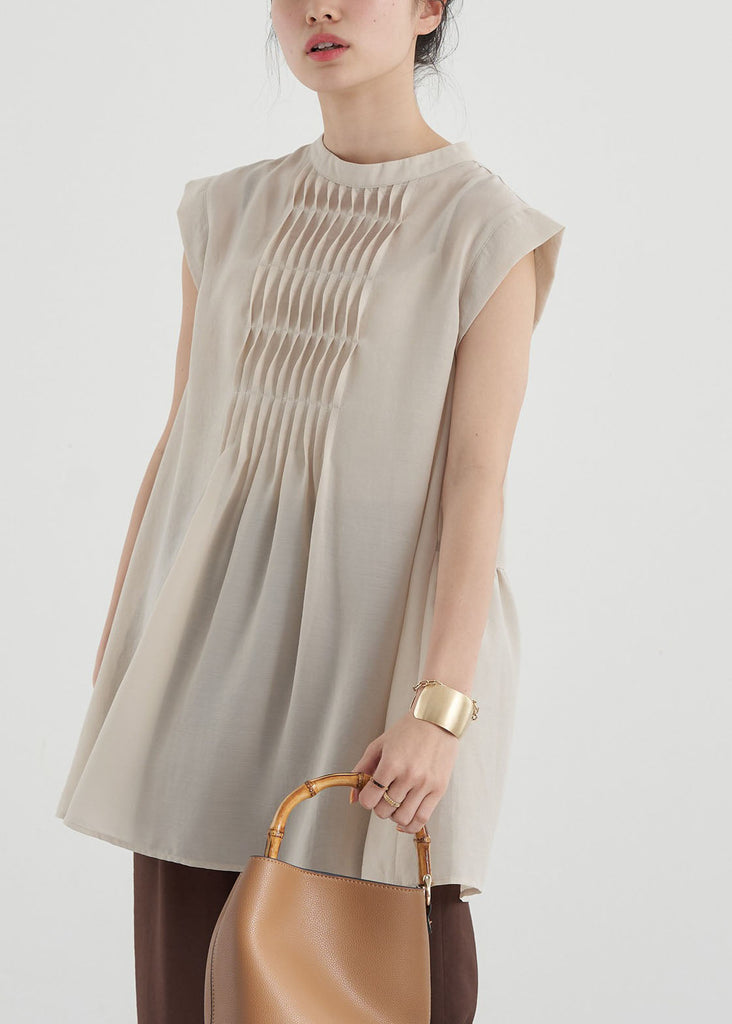 Women Apricot Slim Fit Pleated Cotton Long Shirt Sleeveless LY1324