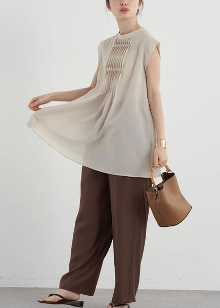 Women Apricot Slim Fit Pleated Cotton Long Shirt Sleeveless LY1324