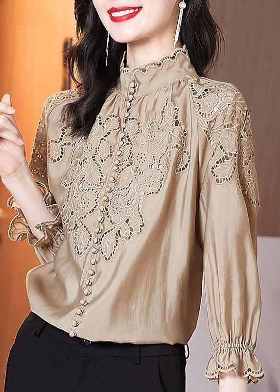 Women Apricot Stand Collar Embroideried Patchwork Cotton Top Spring LY1402