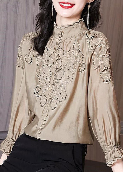 Women Apricot Stand Collar Embroideried Patchwork Cotton Top Spring LY1402