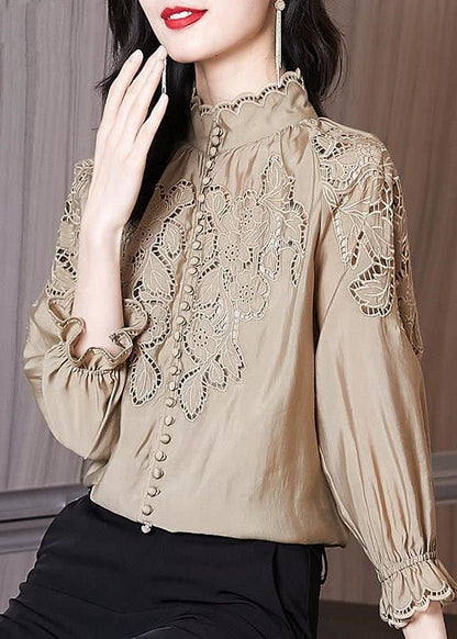 Women Apricot Stand Collar Embroideried Patchwork Cotton Top Spring LY1402