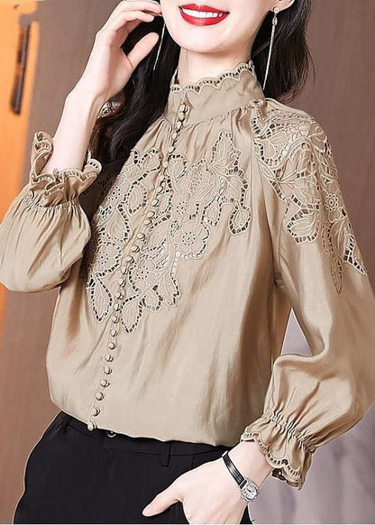 Women Apricot Stand Collar Embroideried Patchwork Cotton Top Spring LY1402