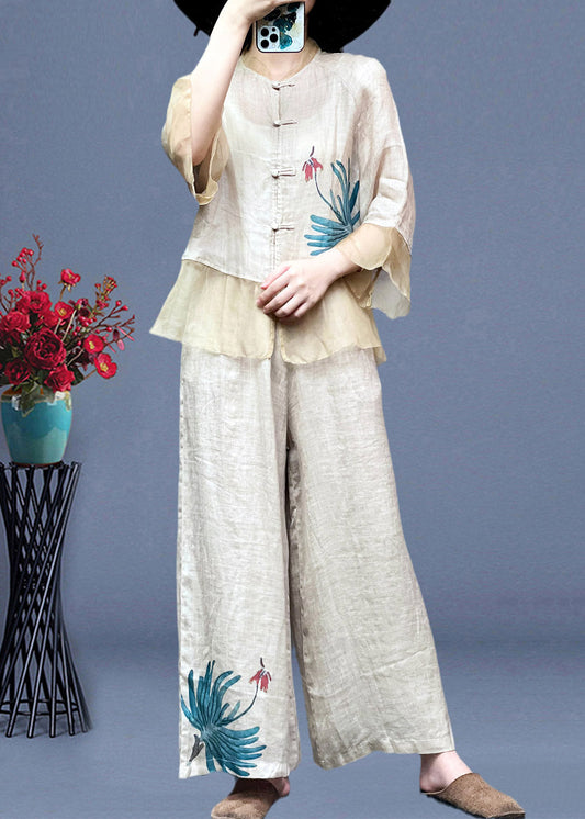 Women Apricot Stand Collar Tulle Patchwork Linen Shirts And Wide Leg Pants Two Pieces Set Long Sleeve TI1023