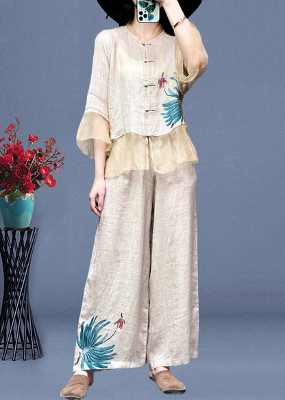 Women Apricot Stand Collar Tulle Patchwork Linen Shirts And Wide Leg Pants Two Pieces Set Long Sleeve TI1023