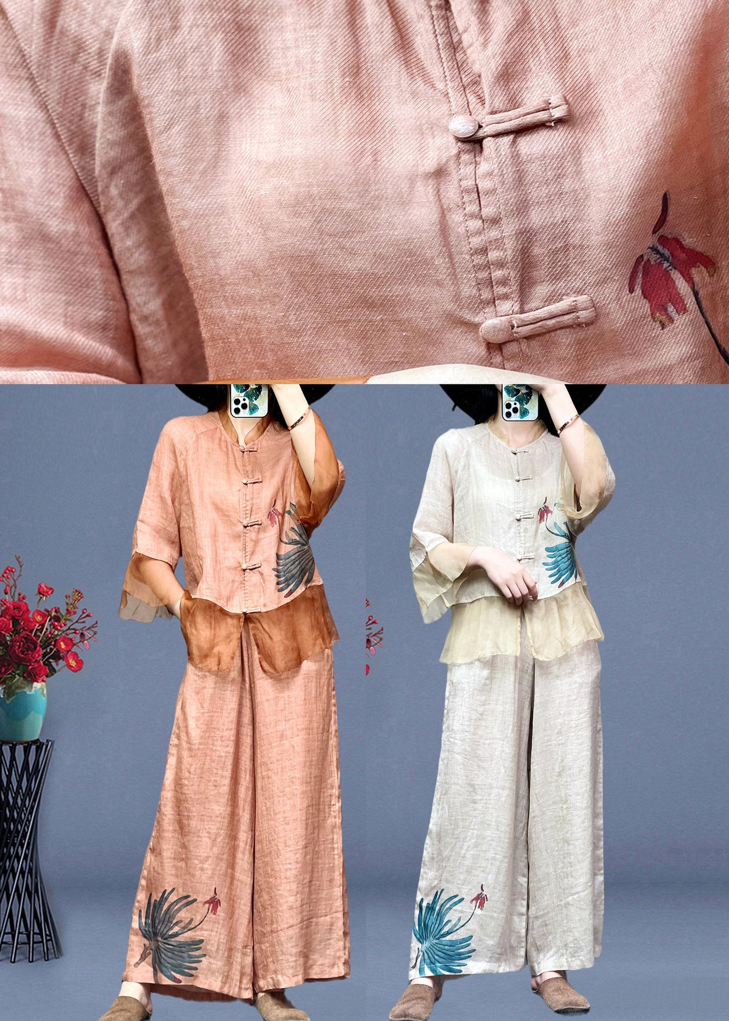 Women Apricot Stand Collar Tulle Patchwork Linen Shirts And Wide Leg Pants Two Pieces Set Long Sleeve TI1023