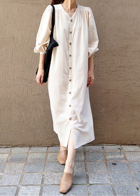 Women Apricot V Neck Wrinkled Patchwork Cotton Dresses Lantern Sleeve LY1335