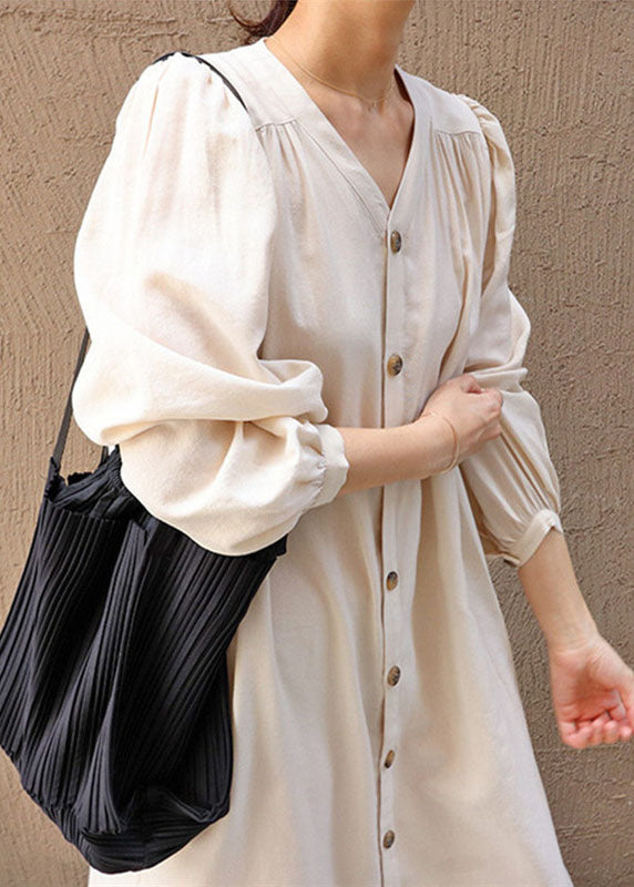 Women Apricot V Neck Wrinkled Patchwork Cotton Dresses Lantern Sleeve LY1335