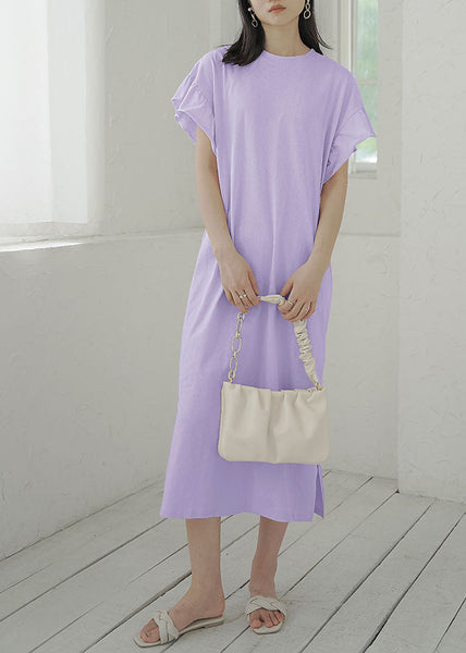 Women Army Green O-Neck Side Open Cotton Vacation Dresses Butterfly Sleeve LY1354