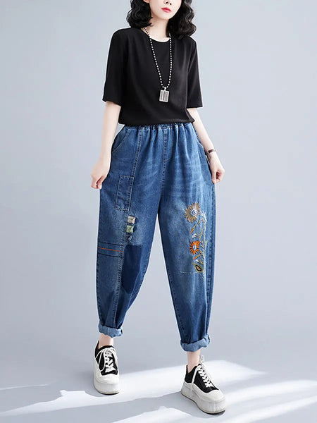 Women Artsy Flower Embroidery Denim Harem Pants Ada Fashion