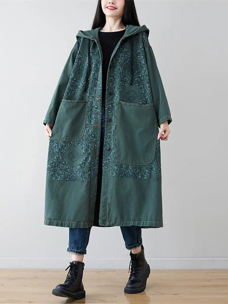 Women Artsy Flower Spliced Long Denim Hooded Coat Ada Fashion