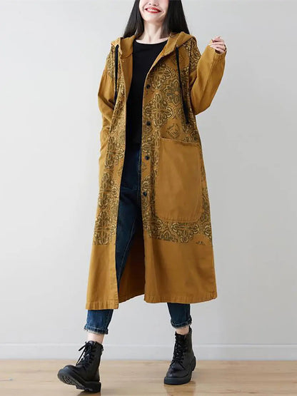 Women Artsy Flower Spliced Long Denim Hooded Coat Ada Fashion