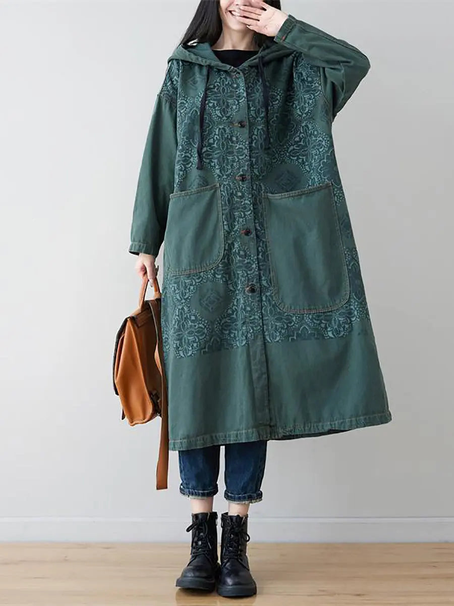 Women Artsy Flower Spliced Long Denim Hooded Coat Ada Fashion