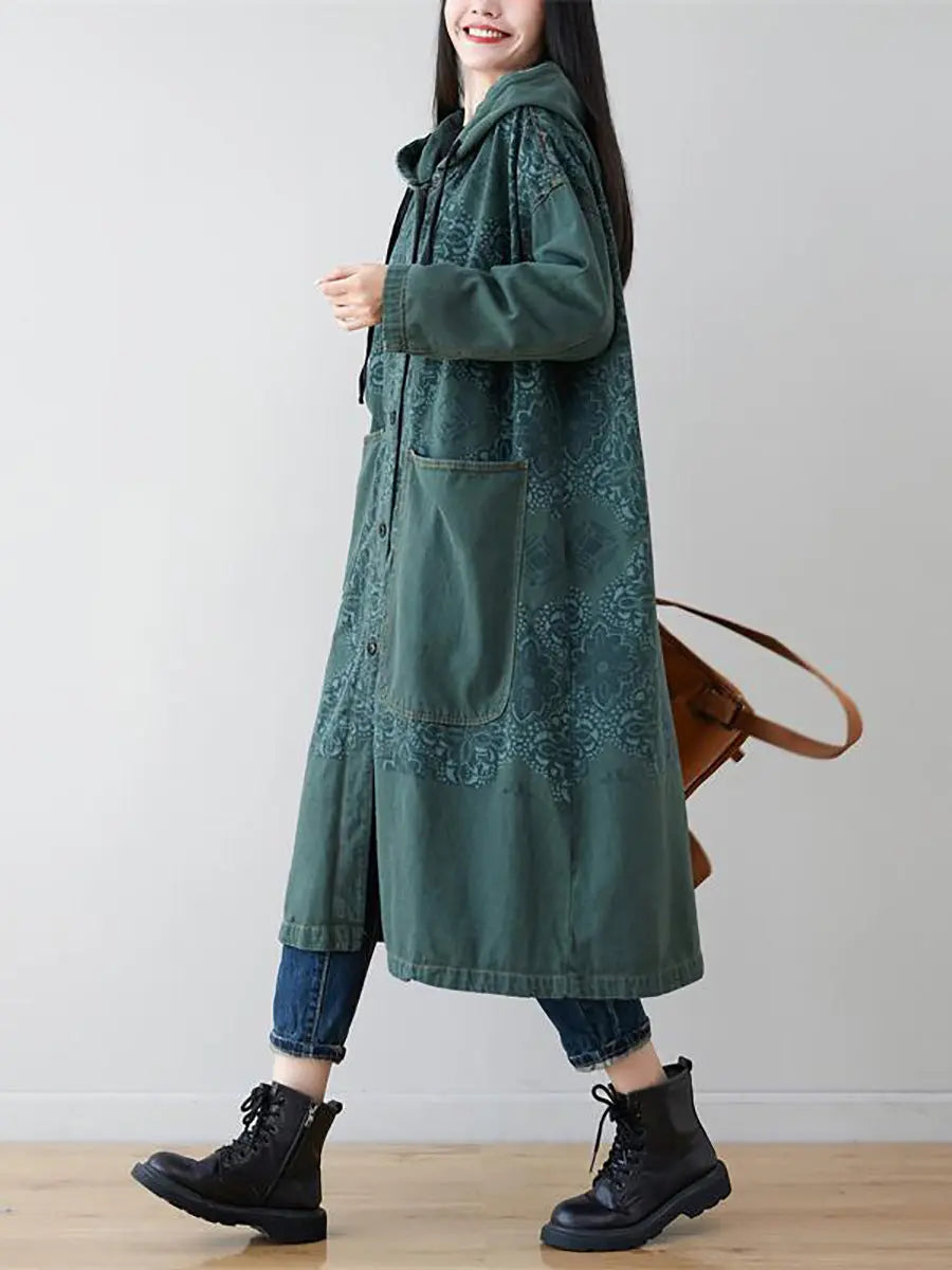 Women Artsy Flower Spliced Long Denim Hooded Coat Ada Fashion