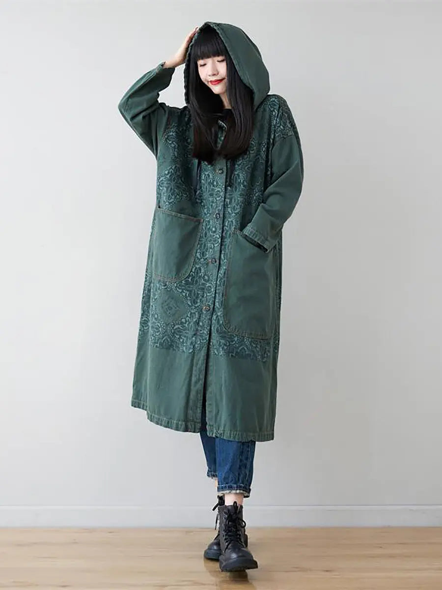 Women Artsy Flower Spliced Long Denim Hooded Coat Ada Fashion